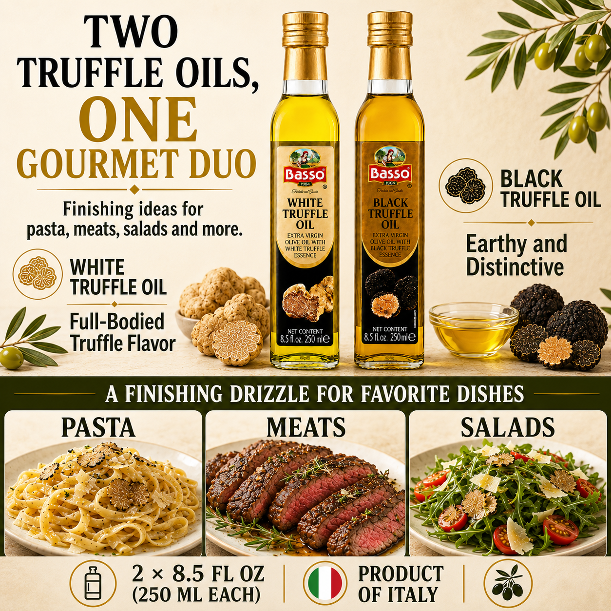 Basso 1904 Black & White Truffle Infused EVOO Duo – Gourmet Finishing Oils – 2 x 8.5 fl oz (250 ml)