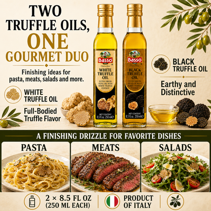 Basso 1904 Black & White Truffle Infused EVOO Duo – Gourmet Finishing Oils – 2 x 8.5 fl oz (250 ml)