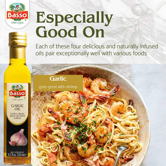 Basso 1904 Garlic Infused Extra Virgin Olive Oil 8.5 fl oz (250 ml) bottle next to a plate of shrimp pasta, highlighting how the garlic olive oil pairs perfectly with seafood dishes.