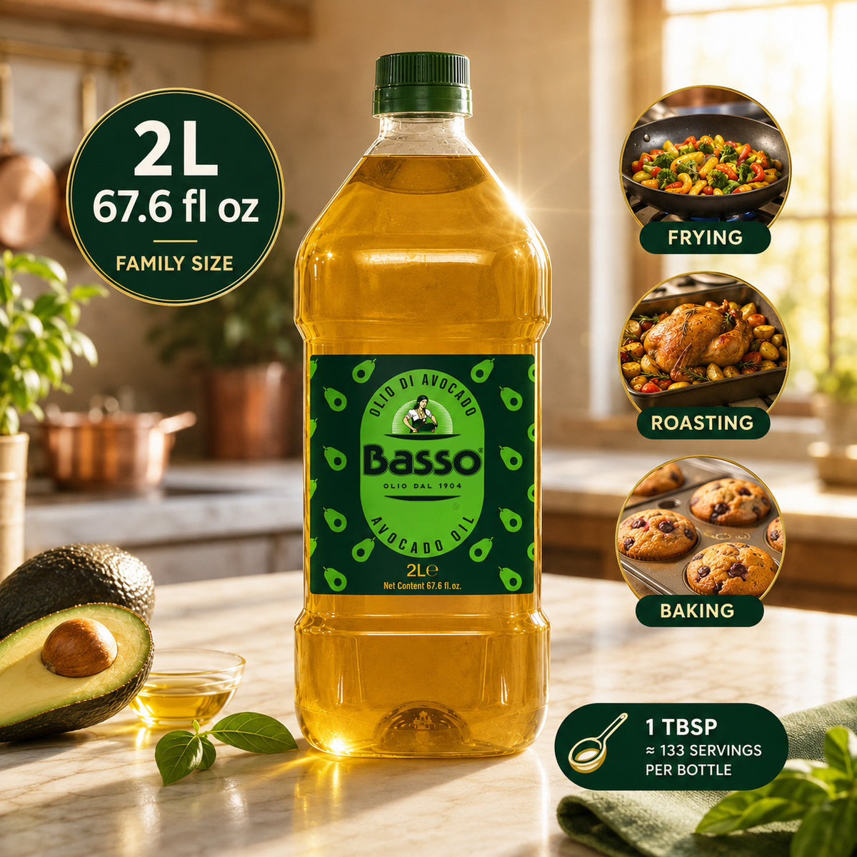 Basso 1904 Italian 100% Pure Avocado Oil – High-Heat Cooking Oil – 67.6 fl oz (2 L)
