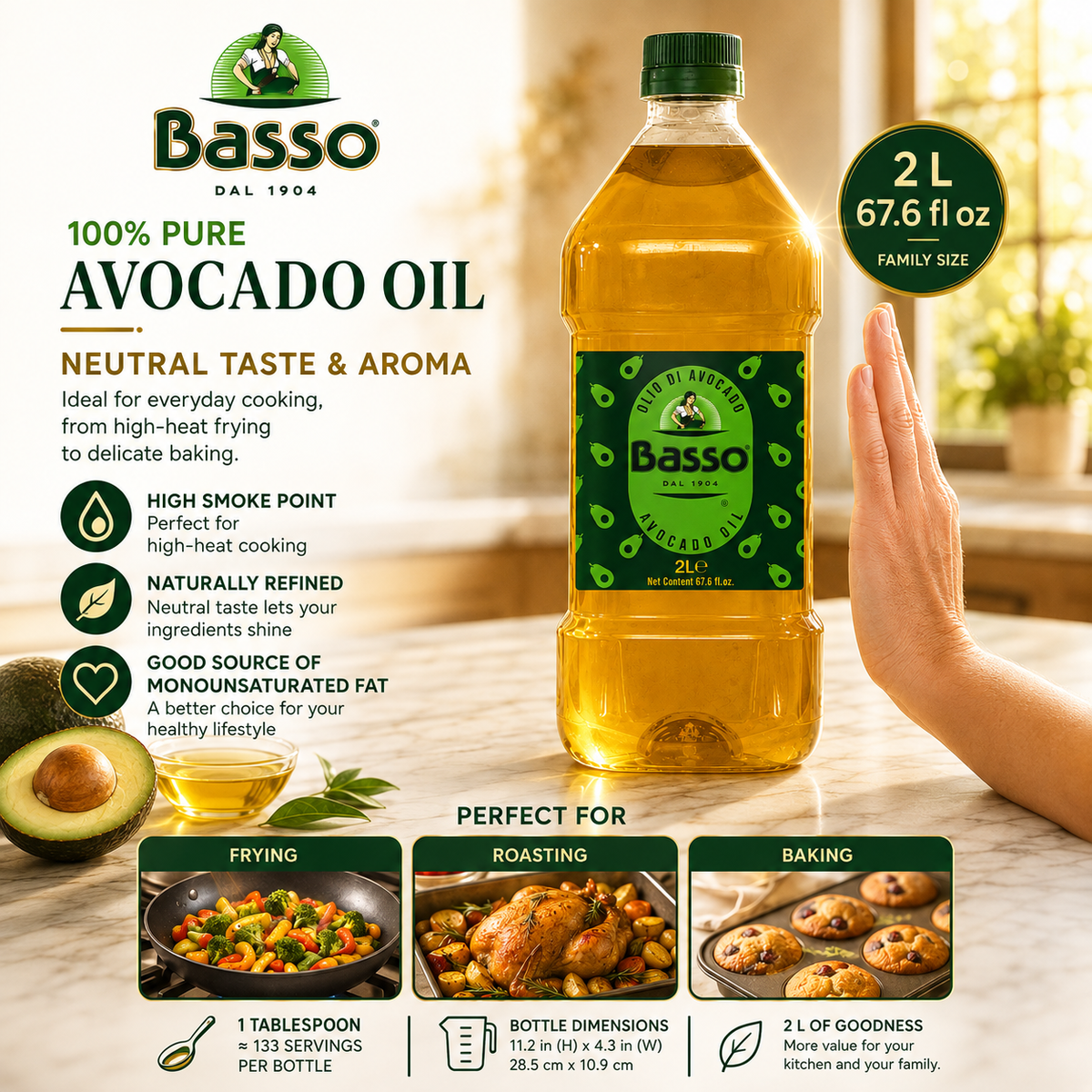 Basso 1904 Italian 100% Pure Avocado Oil – High-Heat Cooking Oil – 67.6 fl oz (2 L)
