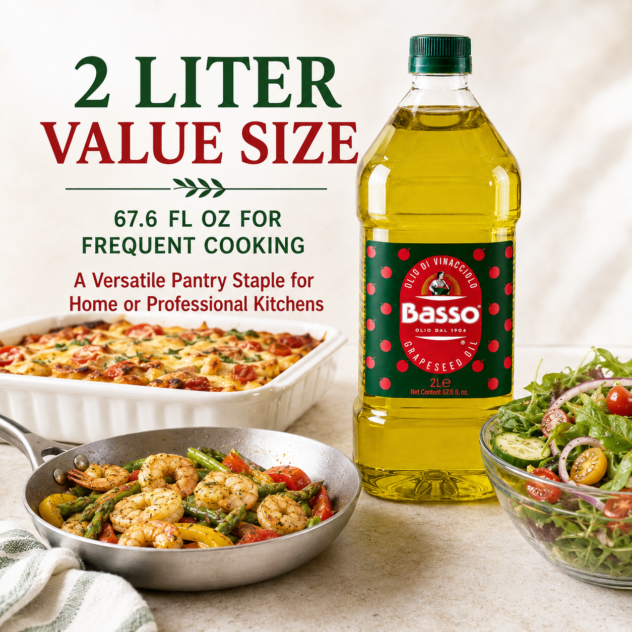 Basso 1904 Italian Grapeseed Oil – Light Neutral Cooking Oil – 67.6 fl oz (2 L)