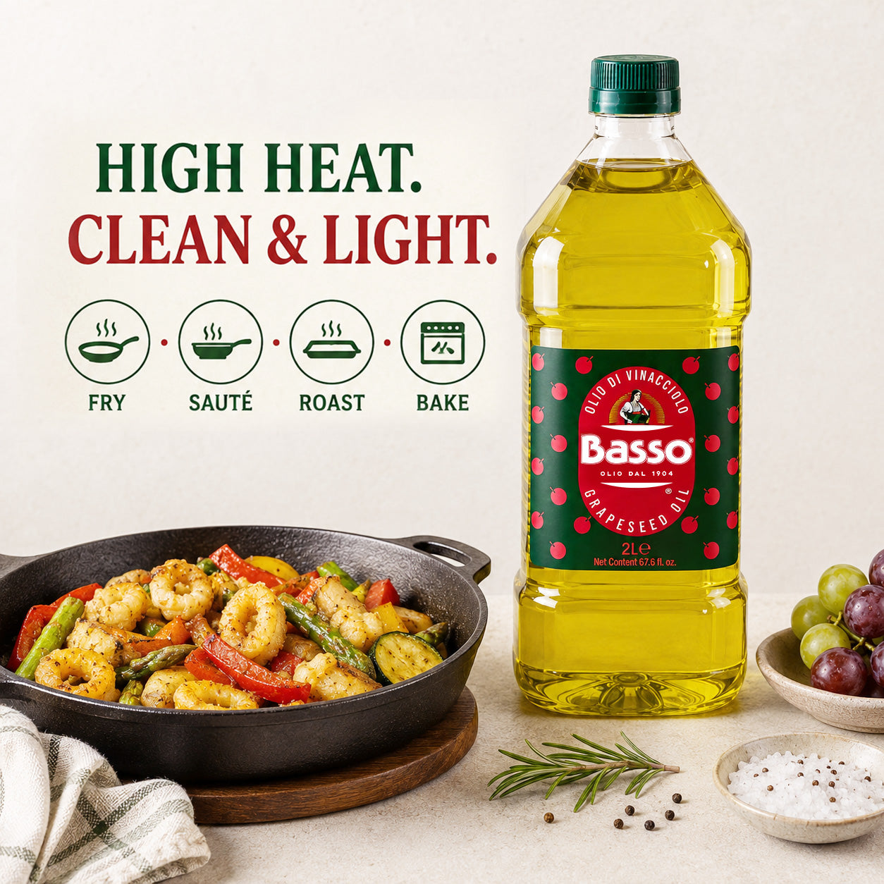 Basso 1904 Italian Grapeseed Oil – Light Neutral Cooking Oil – 67.6 fl oz (2 L)