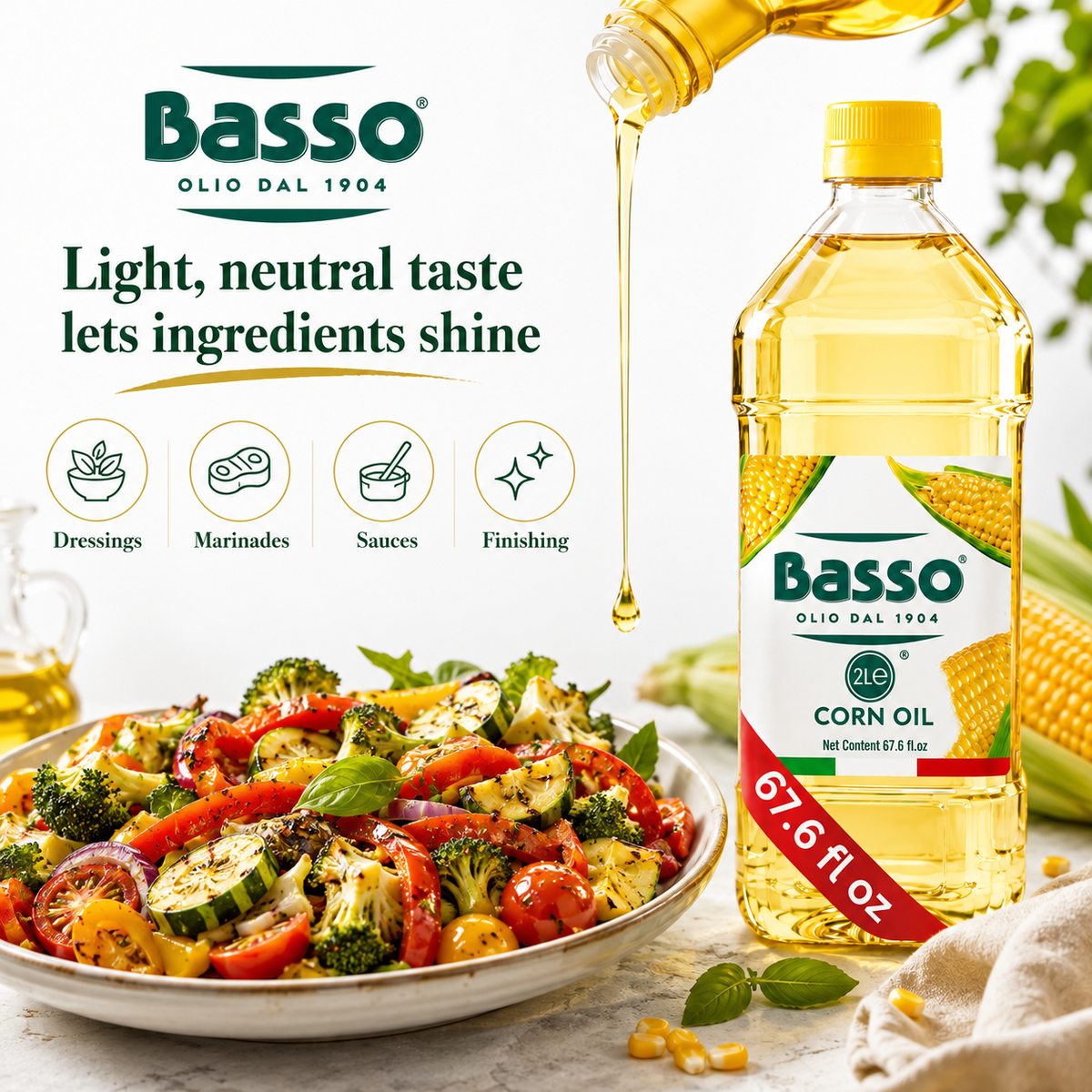 Basso 1904 Italian Pure Corn Oil – High Smoke Point Cooking Oil – 67.6 fl oz (2 L)