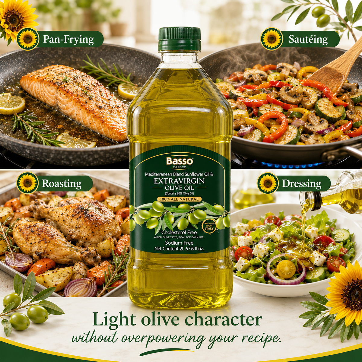 Basso 1904 Italian Sunflower Oil (80%) & Extra Virgin Olive Oil (20%) Blend – Versatile Cooking Oil – 67.6 fl oz (2 L)