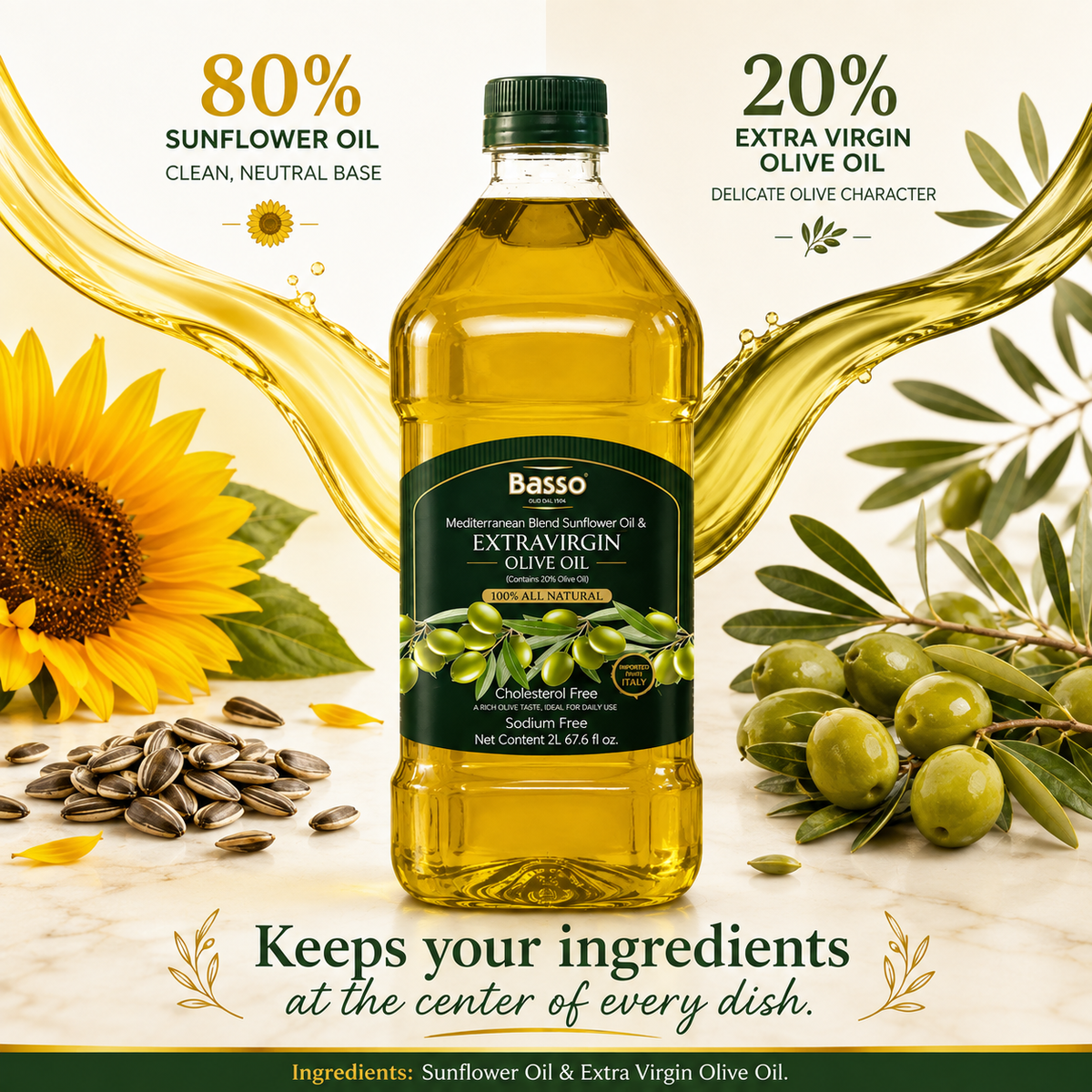 Basso 1904 Italian Sunflower Oil (80%) & Extra Virgin Olive Oil (20%) Blend – Versatile Cooking Oil – 67.6 fl oz (2 L)