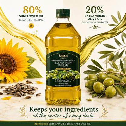 Basso 1904 Italian Sunflower Oil (80%) & Extra Virgin Olive Oil (20%) Blend – Versatile Cooking Oil – 67.6 fl oz (2 L)