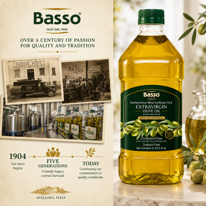 Basso 1904 Italian Sunflower Oil (80%) & Extra Virgin Olive Oil (20%) Blend – Versatile Cooking Oil – 67.6 fl oz (2 L)