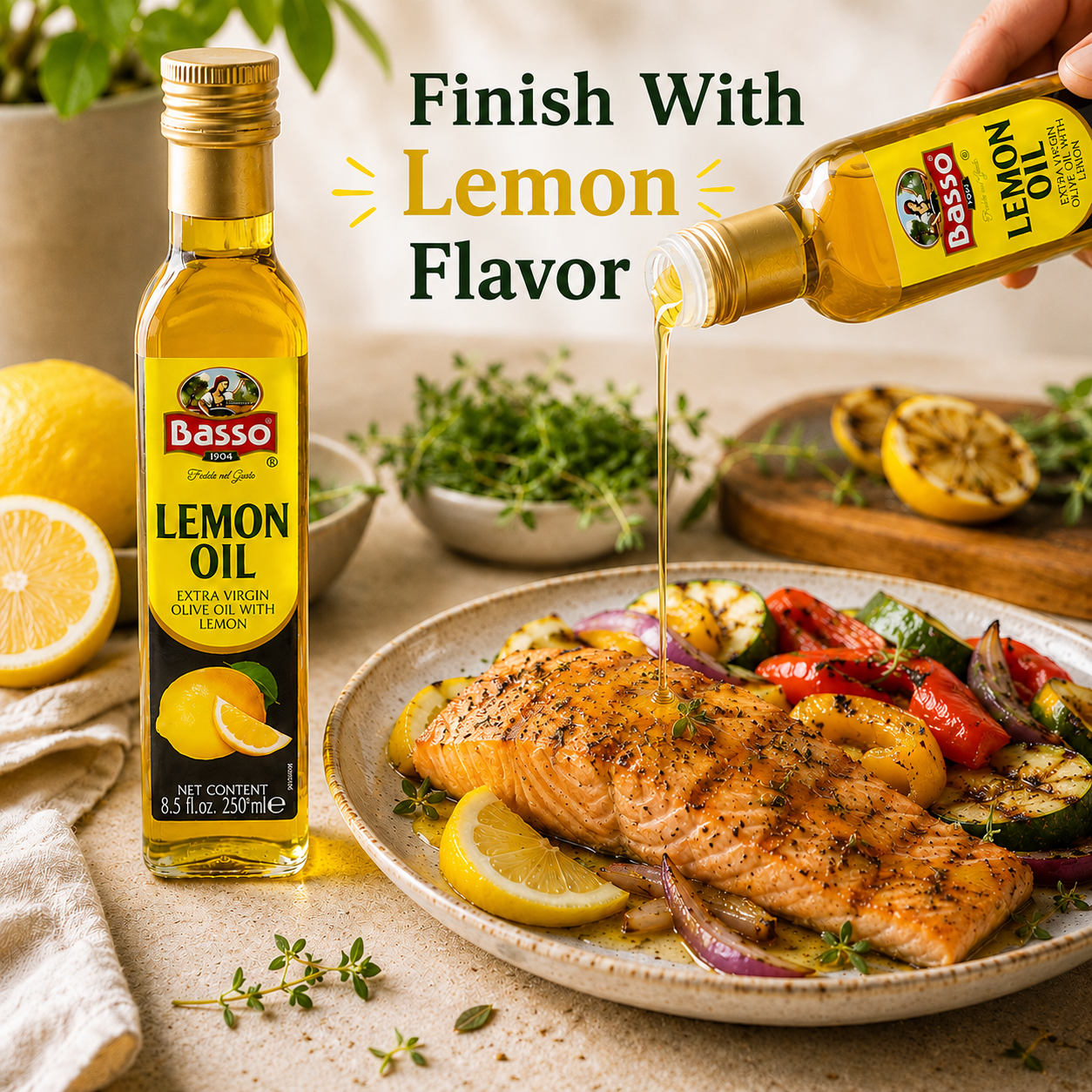 Basso 1904 Lemon Infused Extra Virgin Olive Oil – Italian Finishing Oil – 8.5 fl oz (250 ml)