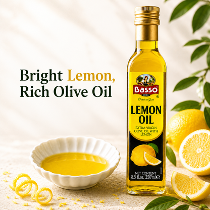 Basso 1904 Lemon Infused Extra Virgin Olive Oil – Italian Finishing Oil – 8.5 fl oz (250 ml)