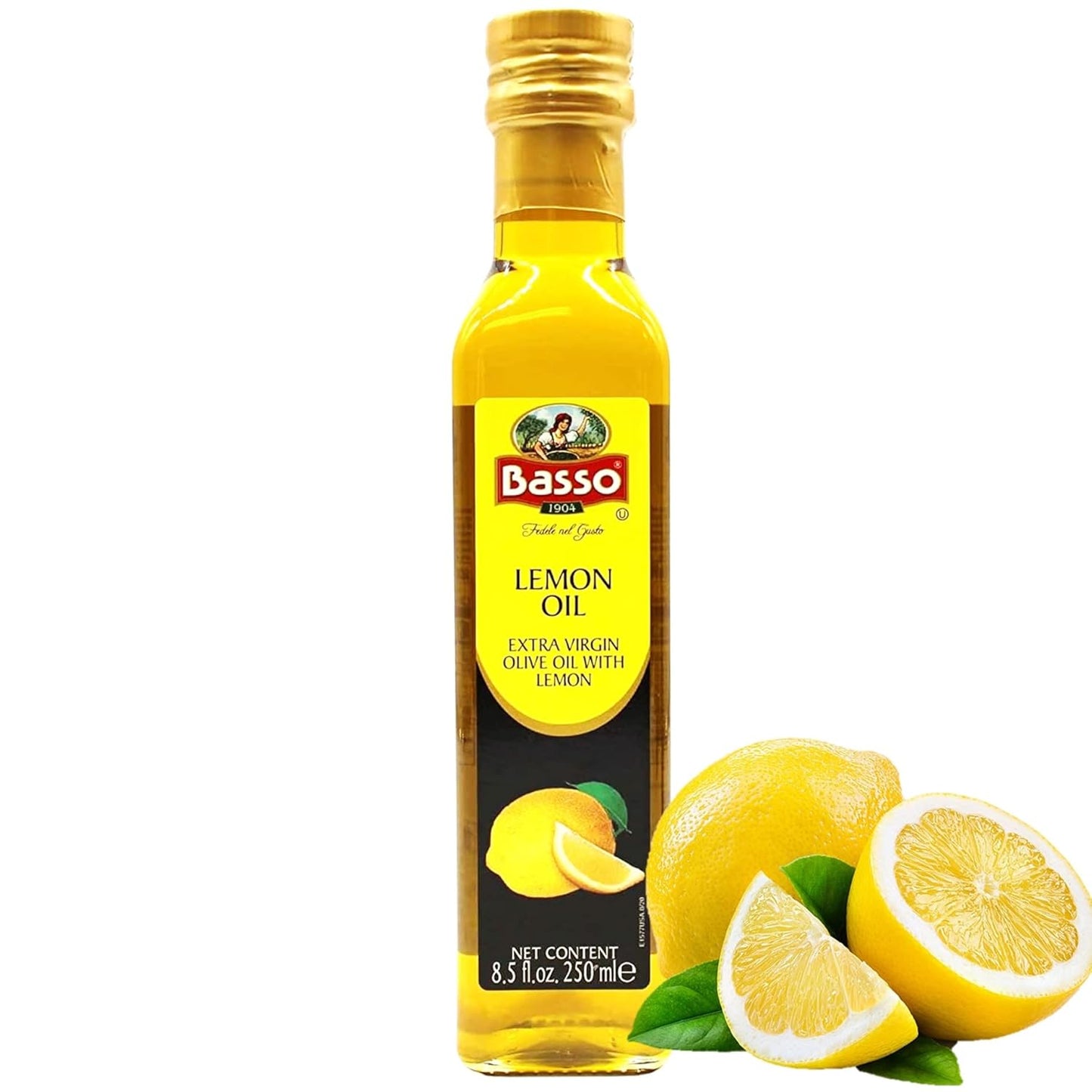 Basso 1904 Lemon Infused Extra Virgin Olive Oil 8.5 fl oz (250 ml) – premium Italian EVOO infused with natural lemon essence, perfect for seafood, salads, pasta, desserts, and Mediterranean cooking.