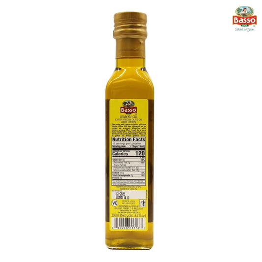 Basso 1904 Lemon Infused Extra Virgin Olive Oil 8.5 fl oz (250 ml) – premium Italian EVOO infused with natural lemon essence, perfect for seafood, salads, pasta, desserts, and Mediterranean cooking.