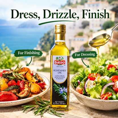 A bottle of Basso Rosemary Oil stands in the center between two bowls of food: grilled vegetables on the left and a salad with oil drizzled over it on the right. Large text at the top reads 'Dress, Drizzle, Finish' with callout arrows pointing to the product and ingredients.