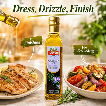 A bottle of Basso Rosemary Oil stands centered on a kitchen counter, with a bottle of oil being poured over grilled chicken on the left and a bowl of roasted vegetables on the right. Large text reads 'Dress, Drizzle, Finish' with callout labels 'For Finishing' and 'For Dressing.