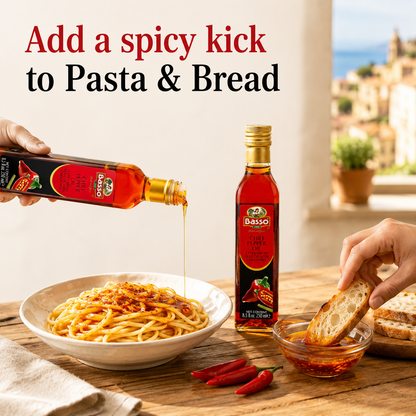 Basso 1904 Spicy Chili Infused Extra Virgin Olive Oil – Finishing Oil – 8.5 fl oz (250 ml)