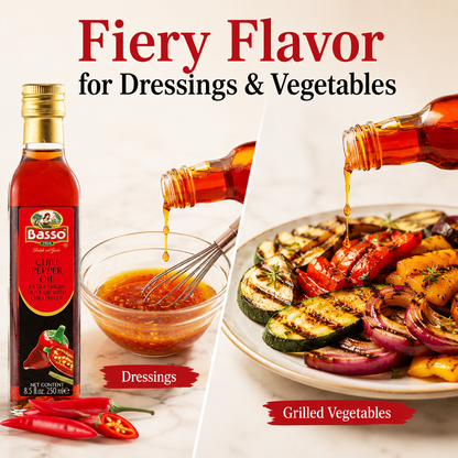 Basso 1904 Spicy Chili Infused Extra Virgin Olive Oil – Finishing Oil – 8.5 fl oz (250 ml)