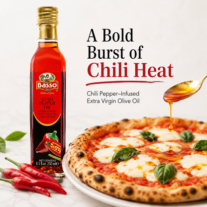 Basso 1904 Spicy Chili Infused Extra Virgin Olive Oil – Finishing Oil – 8.5 fl oz (250 ml)