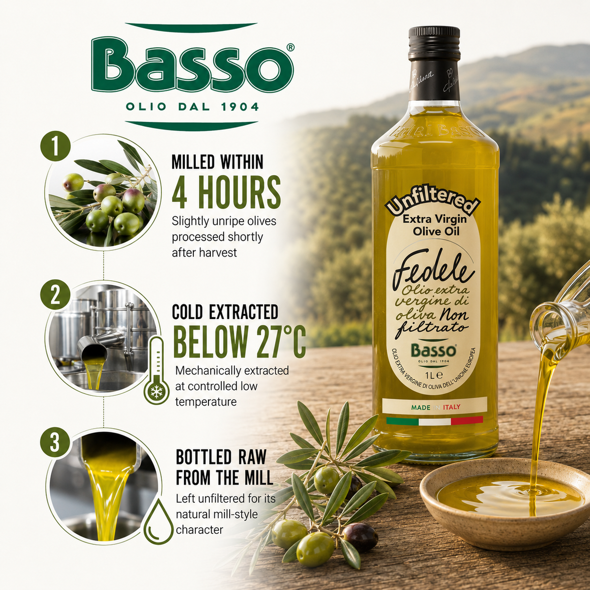 Basso 1904 Unfiltered Extra Virgin Olive Oil – Raw Italian EVOO – 33.8 fl oz (1 L)