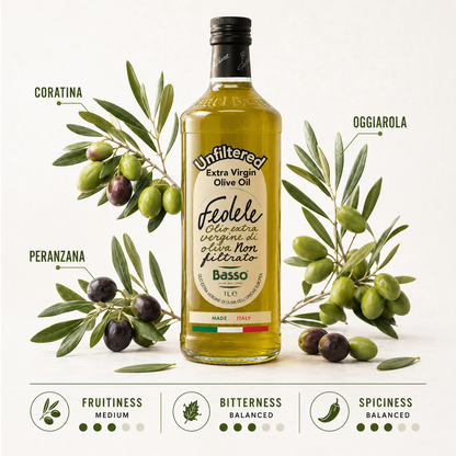 Basso 1904 Unfiltered Extra Virgin Olive Oil – Raw Italian EVOO – 33.8 fl oz (1 L)