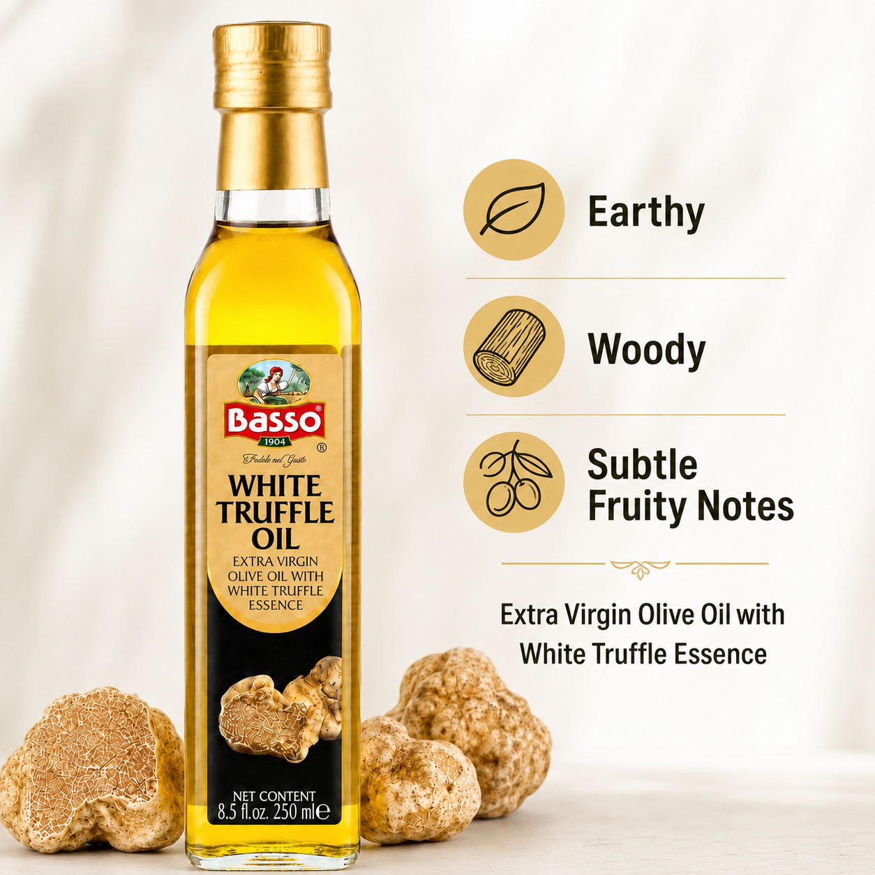 Basso 1904 White Truffle Infused Extra Virgin Olive Oil – Gourmet Finishing Oil – 250 ml (8.5 fl oz)