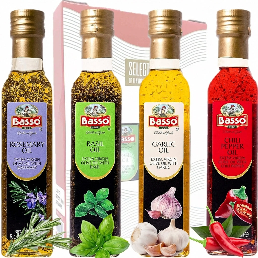 Four bottles of Basso olive oil with labels for rosemary, basil, garlic, and chili pepper oils.