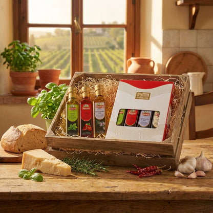 Gift basket with olive oil, cheese, and herbs on a wooden table with a vineyard view.