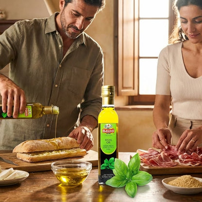 Basso basil olive oil used to prepare Italian sandwich and bruschetta