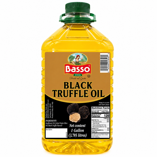 Bottle of Basso Black Truffle Oil on a white background