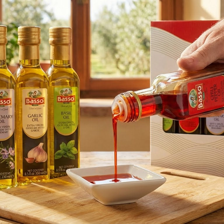 Basso chili olive oil being poured from bottle