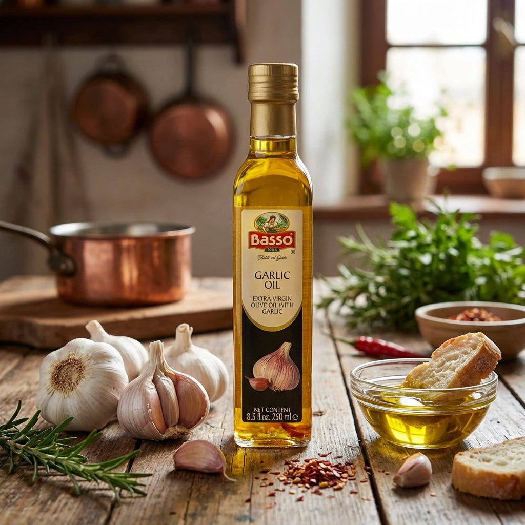 Basso 1904 Garlic Infused Extra Virgin Olive Oil – Italian Finishing Oil – 8.5 fl oz (250 ml)