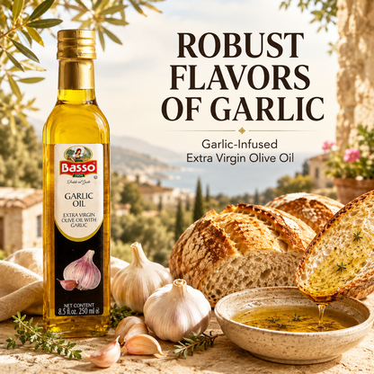 A bottle of Basso Garlic Oil stands on a stone surface with garlic bulbs, sliced bread, and a bowl of oil in front of an outdoor village scene. Large text reads 'ROBUST FLAVORS OF GARLIC' and 'Garlic-Infused Extra Virgin Olive Oil.