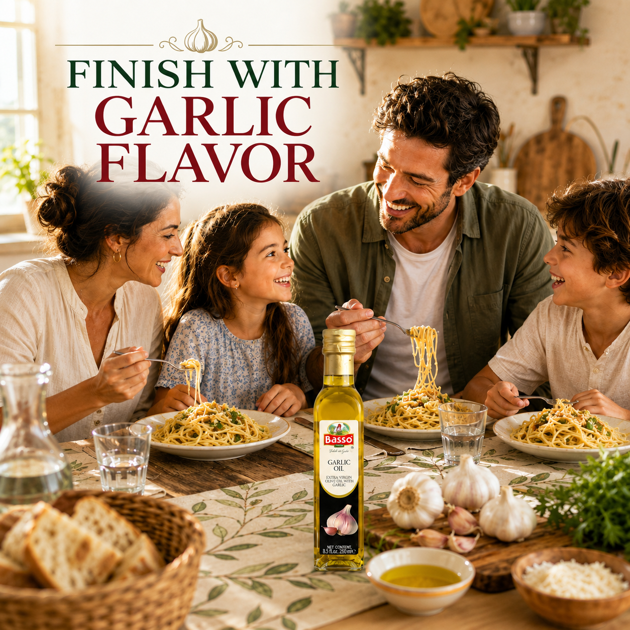 A family of four enjoys spaghetti at a wooden dining table, with a bottle of Basso Garlic Flavor olive oil placed prominently in the foreground. The scene includes garlic bulbs, bread, plates of pasta, and large promotional text reading 'FINISH WITH GARLIC FLAVOR'.