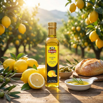 Basso lemon extra virgin olive oil bottle with fresh lemons