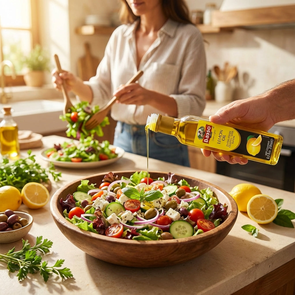 Basso lemon extra virgin olive oil drizzled over fresh salad