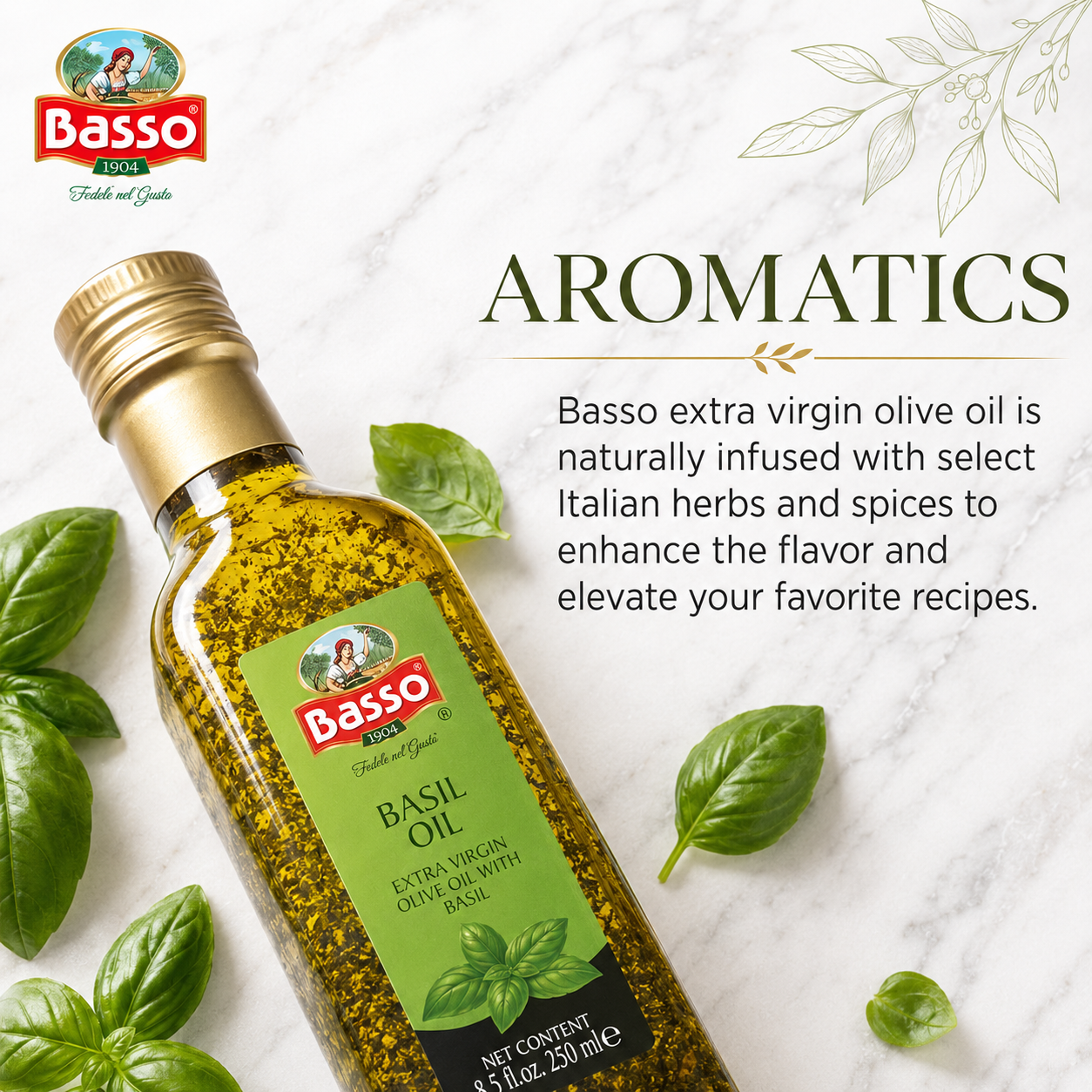 A bottle of Basso Basil Oil with a gold cap and green label, surrounded by fresh basil leaves on a white marble background with promotional text reading 'Aromatics'.