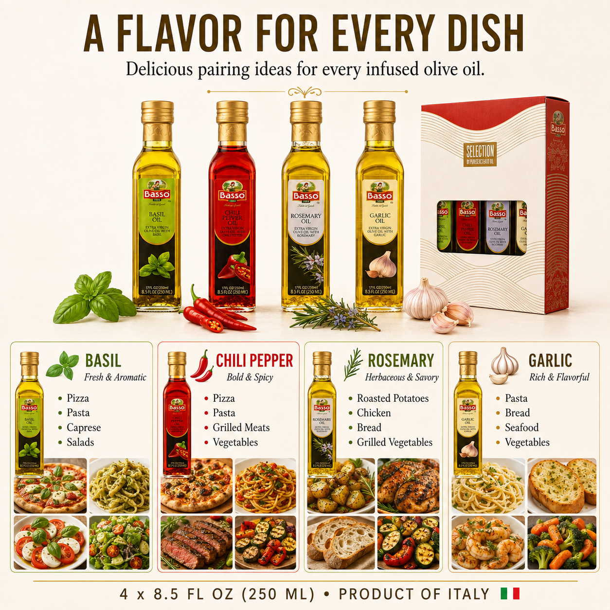Four Basici extra virgin olive oil bottles in assorted flavors (Basil, Chili Pepper, Rosemary, Garlic) displayed alongside their retail packaging box. The bottles are arranged with culinary ingredients like basil, garlic, and red chili peppers on a light beige background.