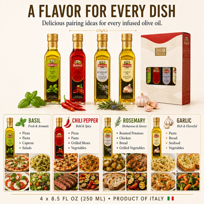 Four Basici extra virgin olive oil bottles in assorted flavors (Basil, Chili Pepper, Rosemary, Garlic) displayed alongside their retail packaging box. The bottles are arranged with culinary ingredients like basil, garlic, and red chili peppers on a light beige background.