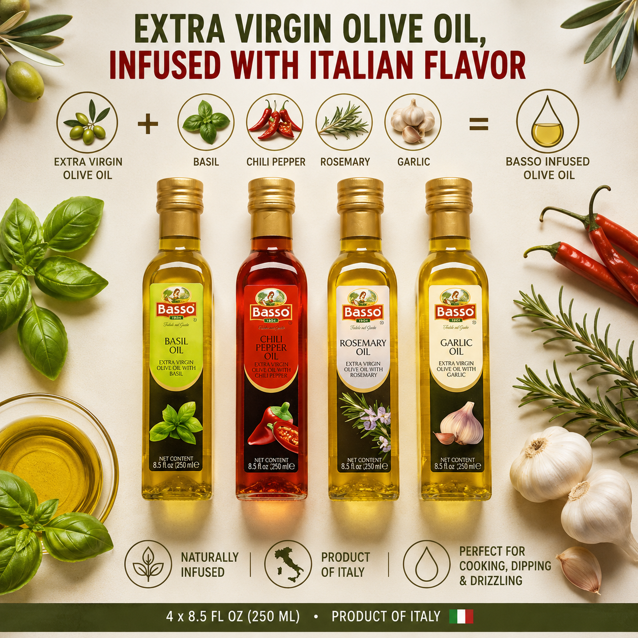 Four Basso-infused olive oil bottles displayed on a styled background with Italian ingredients including basil, garlic, chili peppers, and rosemary. The bottles are labeled Basil, Chili Pepper, Rosemary, and Garlic Oil.