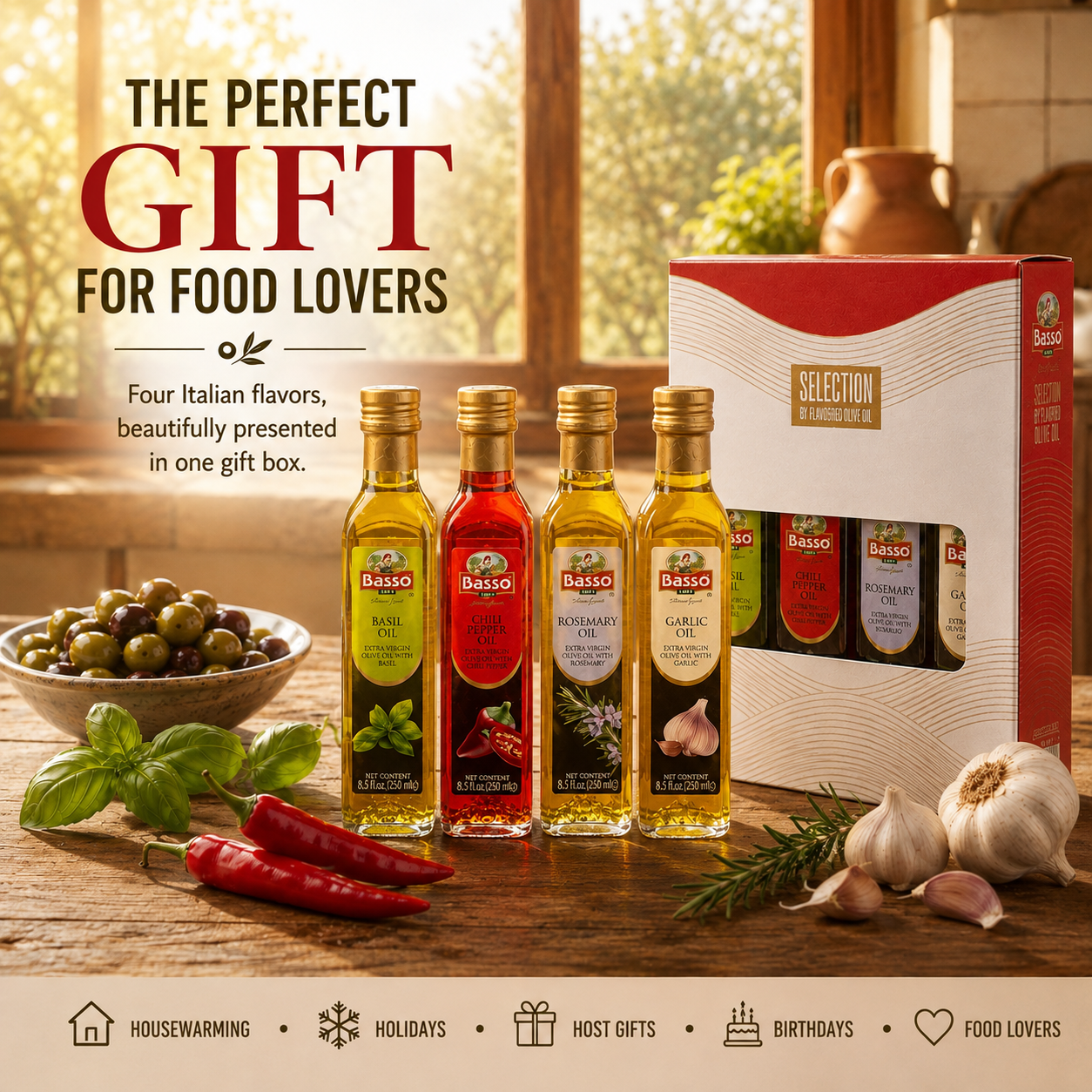 A gift set of four Dasso Italian olive oils and vinegars in glass bottles with gold caps, displayed next to their red and white gift box on a rustic wooden table with garlic, olives, basil, and red chili peppers. Promotional text on the left reads 'THE PERFECT GIFT FOR FOOD LOVERS'.