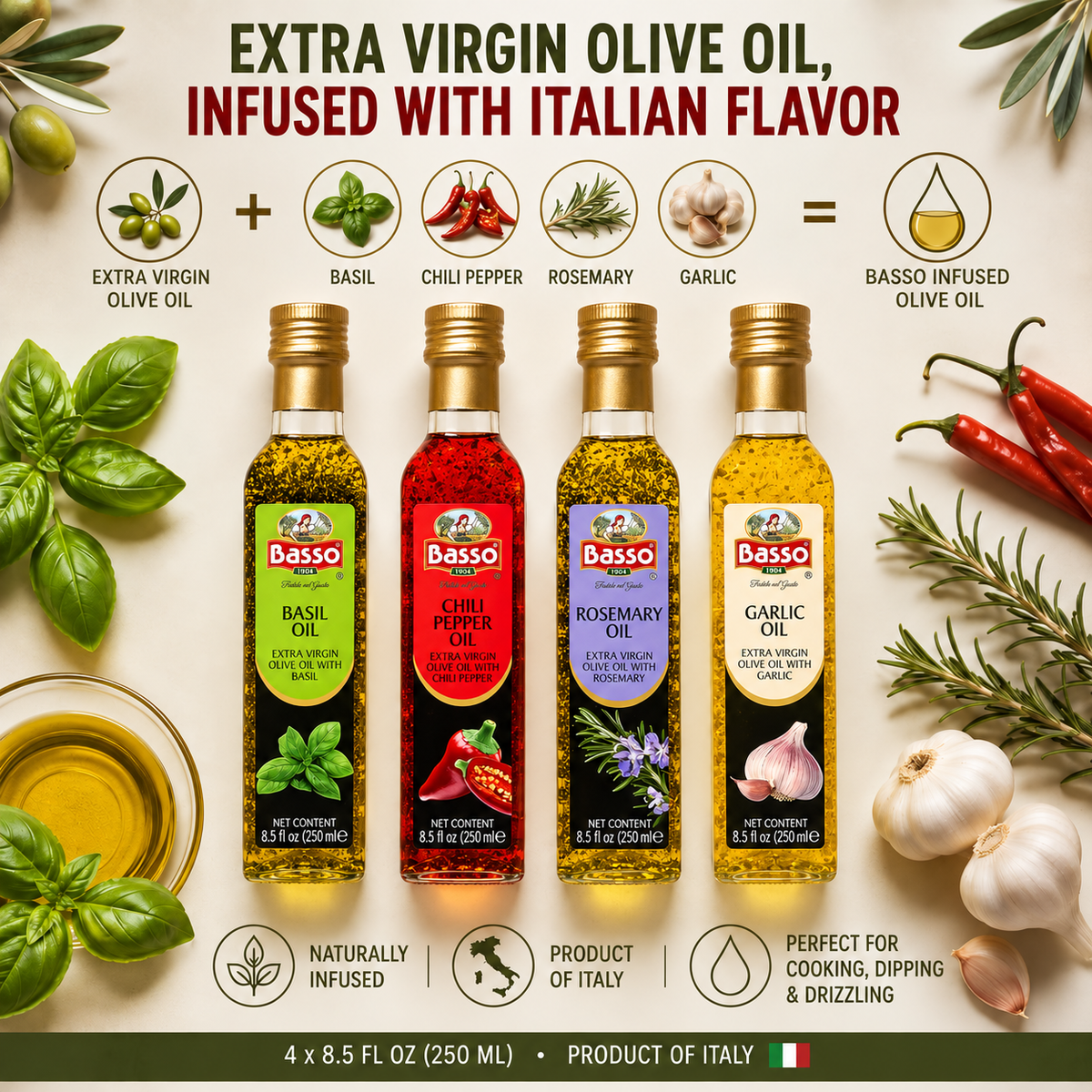 Basso 1904 Infused Extra Virgin Olive Oil Gift Set – Garlic, Chili, Rosemary & Basil – 4 x 8.5 fl oz (250 ml)