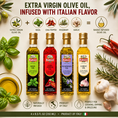 Basso 1904 Infused Extra Virgin Olive Oil Gift Set – Garlic, Chili, Rosemary & Basil – 4 x 8.5 fl oz (250 ml)