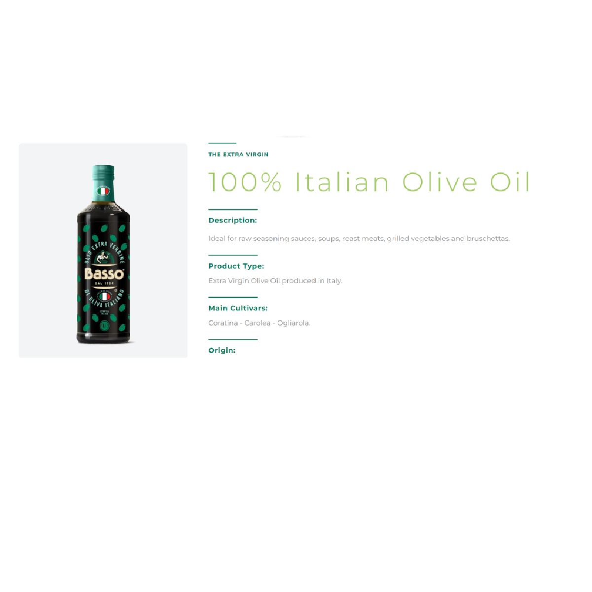 Basso 1904 100% Italian Extra Virgin Olive Oil – Cold Extracted – 33.8 fl oz (1 L)