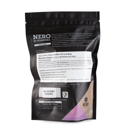 Black garlic package with Nero di Voghera branding on a white background