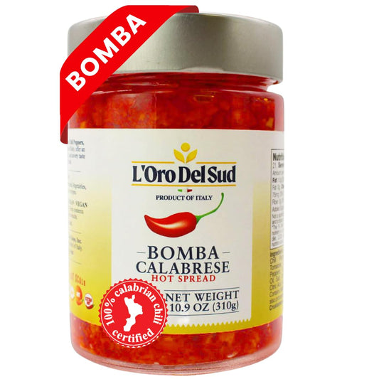Jar of L'Oro Del Sud Bomba Calabrese hot spread with a red label and 'Bomba' text.