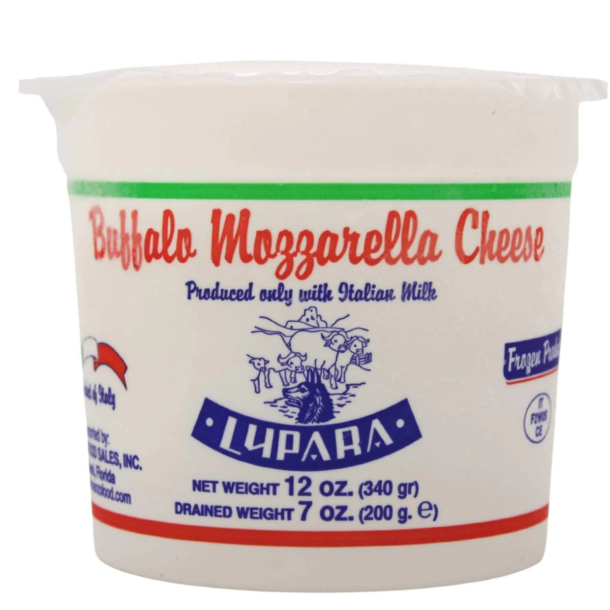 Container of Buffalo Mozzarella Cheese with 'Lupara' branding on a white background