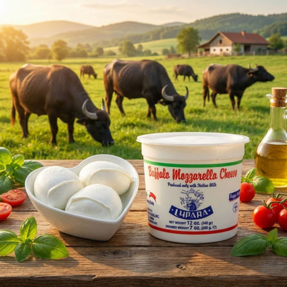 Buffalo mozzarella cheese container with fresh mozzarella balls, basil, and tomatoes on a wooden table with cows grazing in the background.