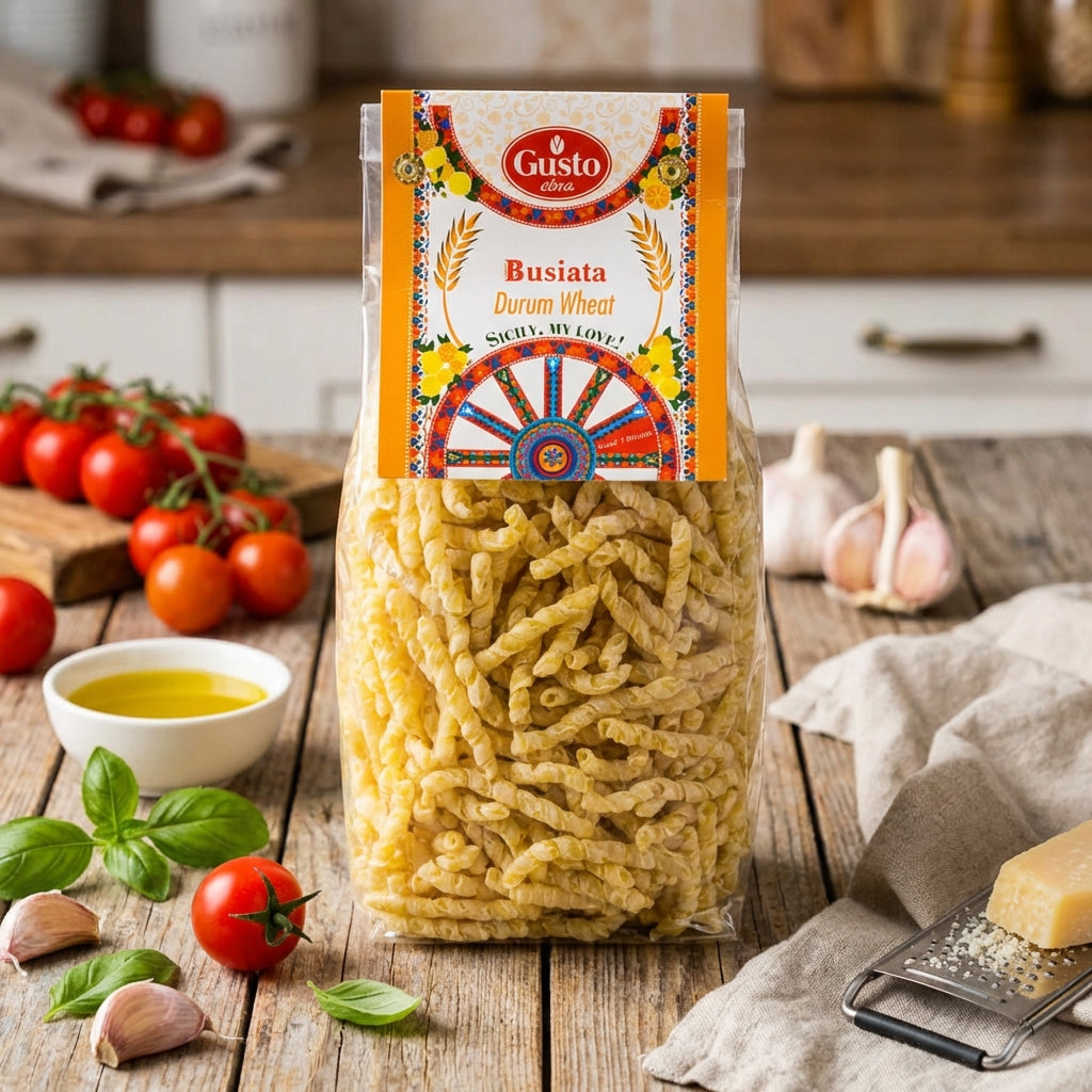 Bag of Busiata pasta with a decorative label on a wooden table with tomatoes and garlic.