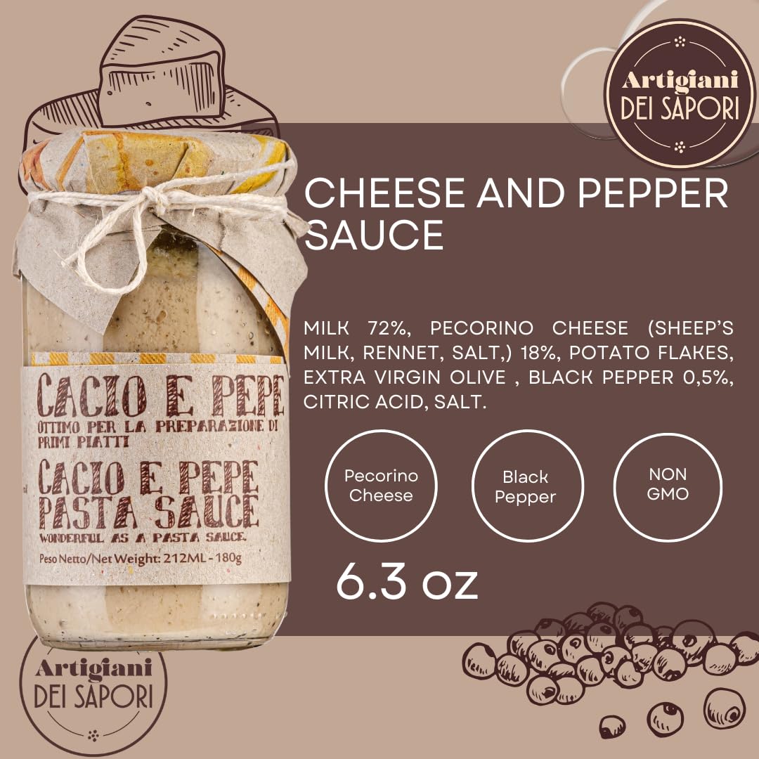 Artigiani dei Sapori, Cacio e Pepe Pasta Sauce, Creamy Cheese and Peppe 6.3oz(178gr)