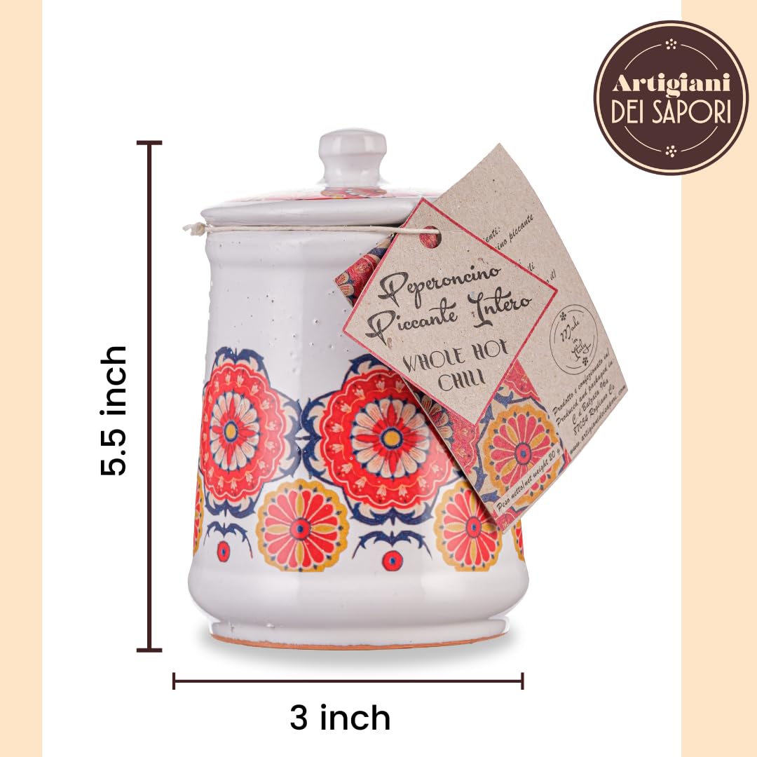 Artigiani dei Sapori, Dried Whole Hot Chili Peppers in Italian Handmade Ceramic Jar with Spices included, 0.7oz (19g)