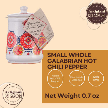 Artigiani dei Sapori, Dried Whole Hot Chili Peppers in Italian Handmade Ceramic Jar with Spices included 0.7oz (19grs)